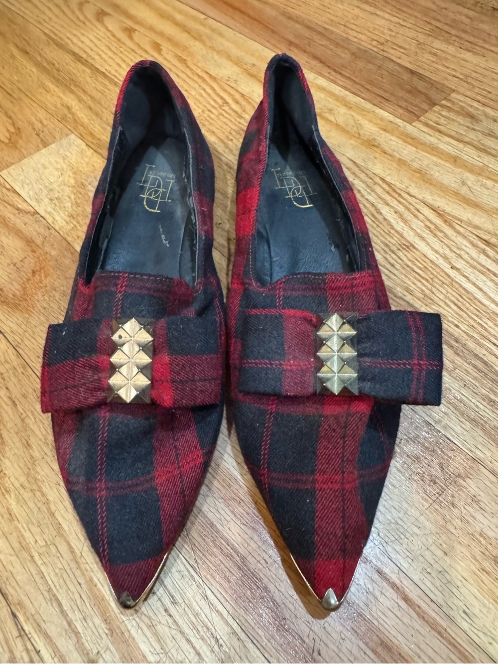 Like Dream Plaid Red Black Slip On Flats Shoes Pointed Toe Bow Size 6